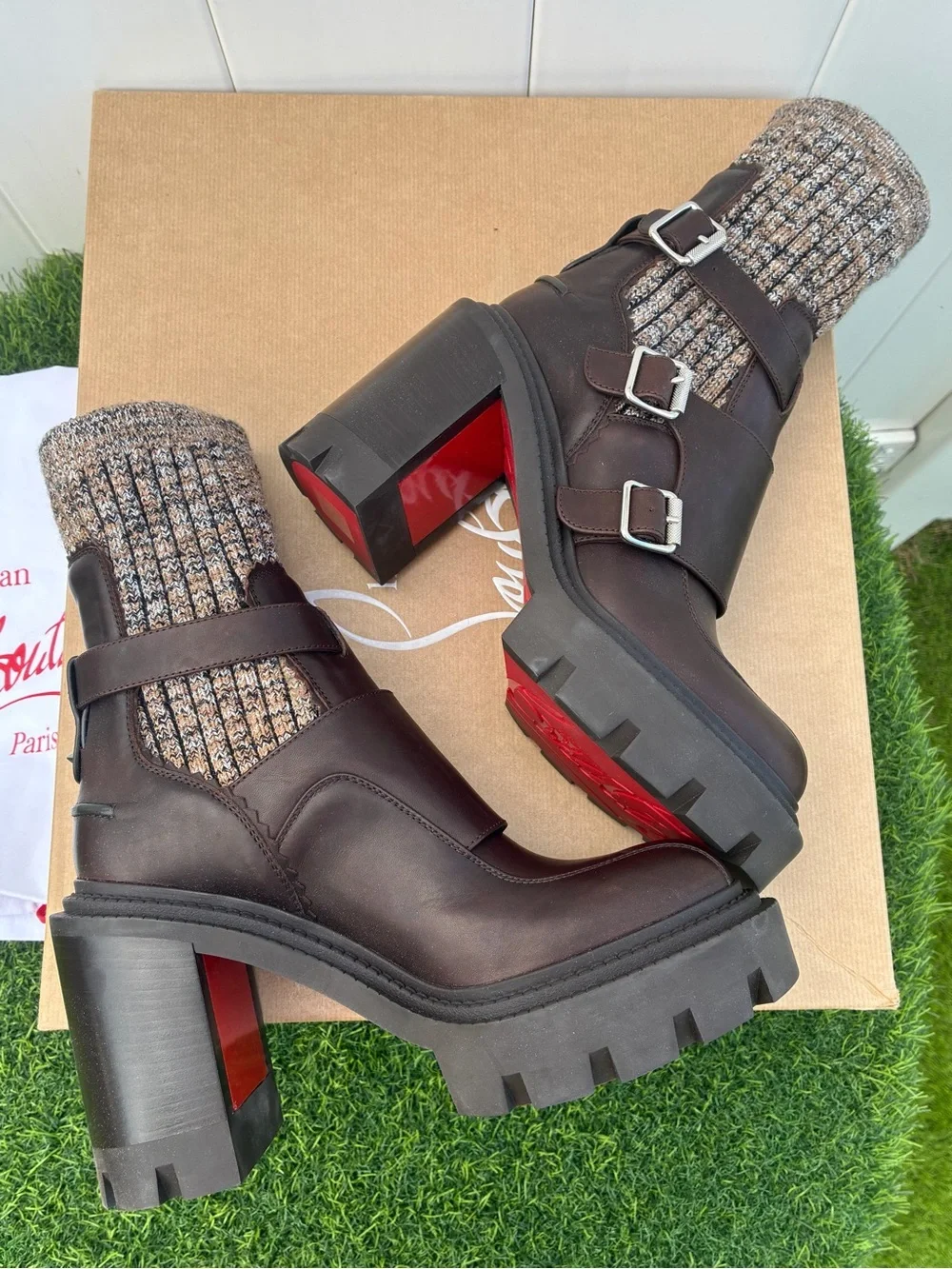 CHRISTIAN LOUBOUTIN CORTINETTA COLLEGE BROWN LEATHER ANKLE BLOCK HEEL BOOT 38.5